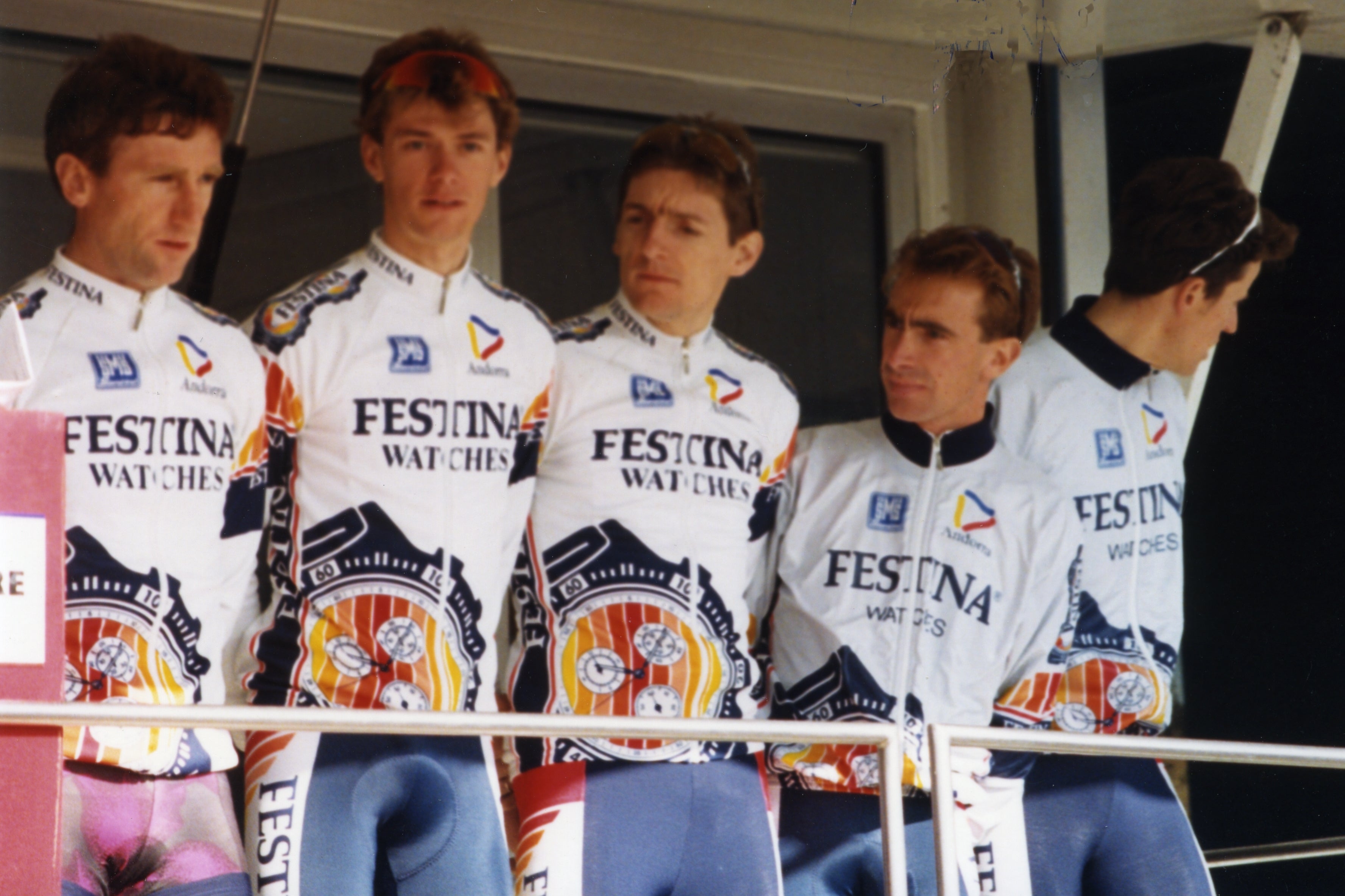 Festina cycling team racing at Paris-Nice 1993, representing the 90s professional sport era Oakley dominated