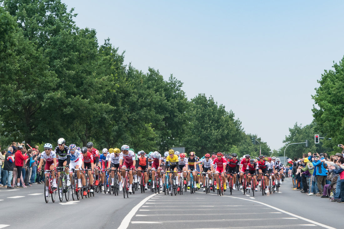 Aerial view of Tour de France peloton cycling through Germany