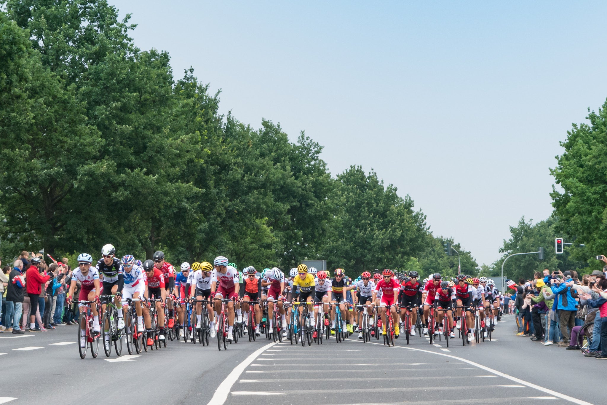 Aerial view of Tour de France peloton cycling through Germany