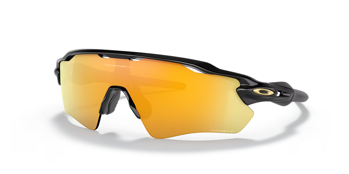 Oakley Radar EV Path Black & Gold — Prizm Gold Polarised lens, three-quarter view