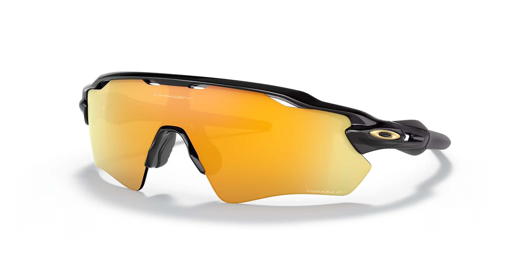 Oakley Radar EV Path Black & Gold — Prizm Gold Polarised lens, three-quarter view